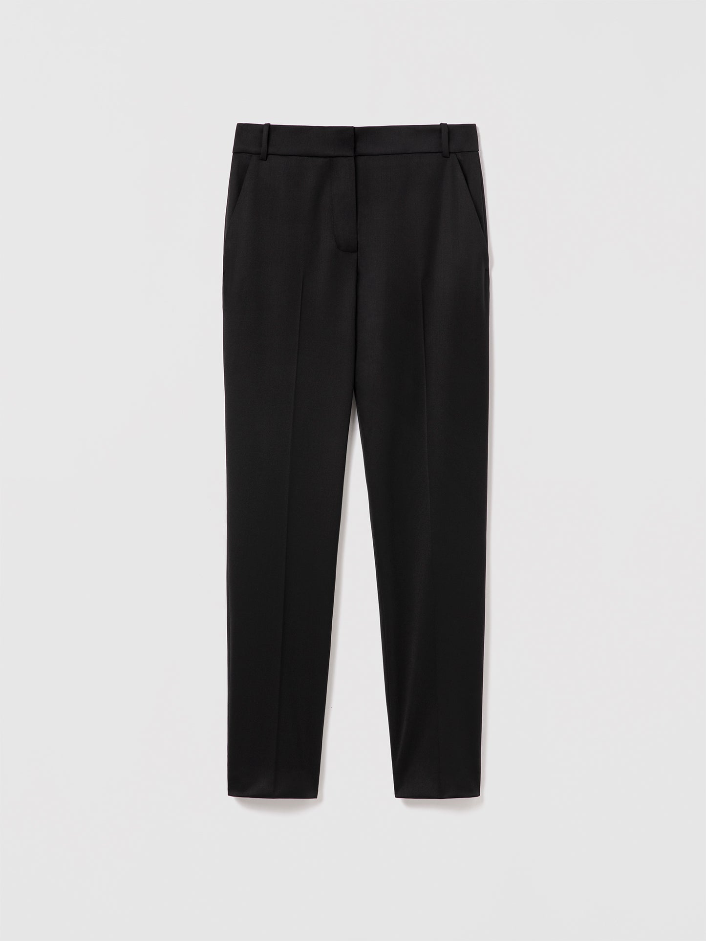 Black flat front tuxedo pants by Judith and Charles with slash pockets and belt loops