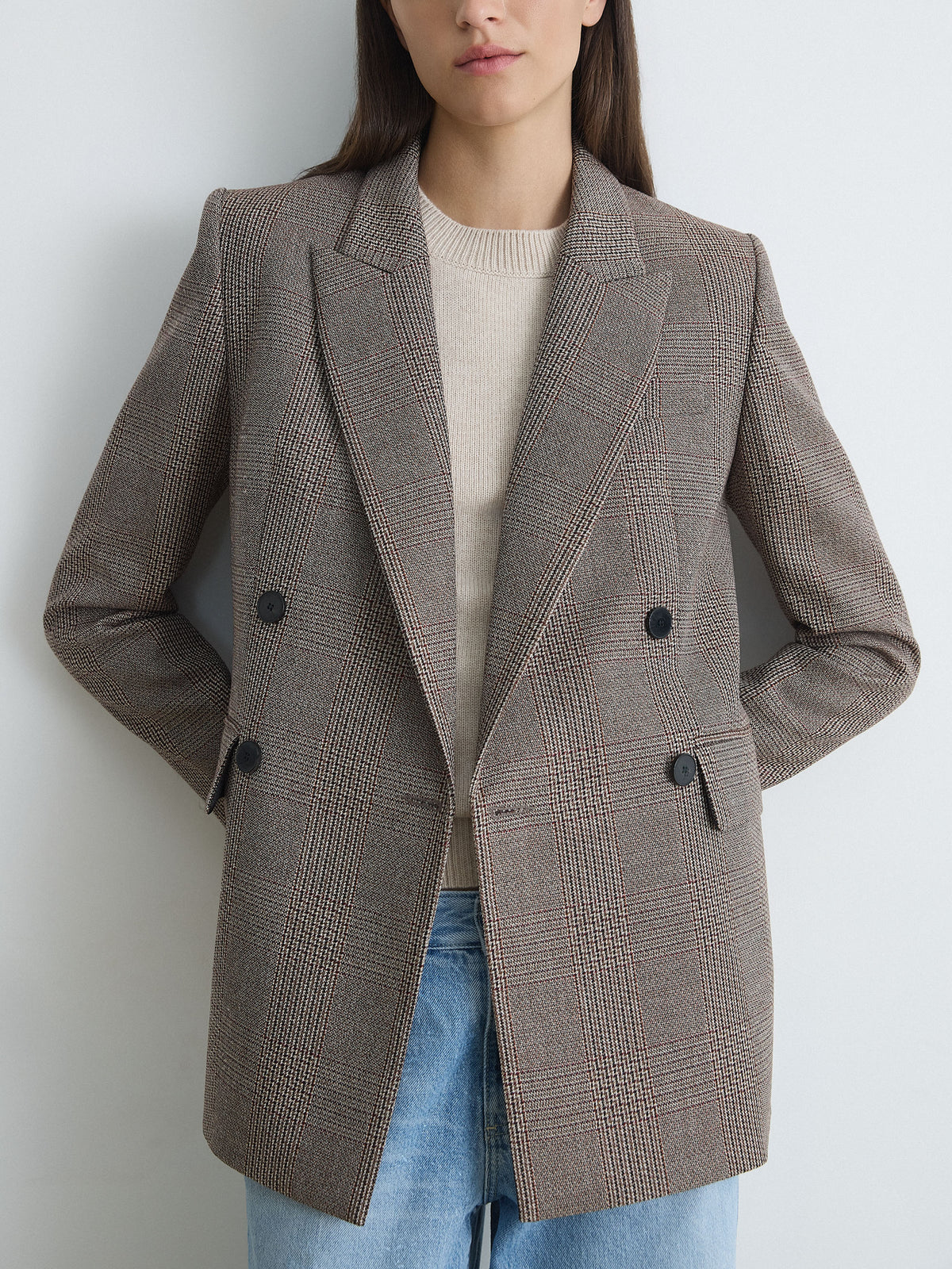 Veste En Laine À Carreaux À Double Boutonnage