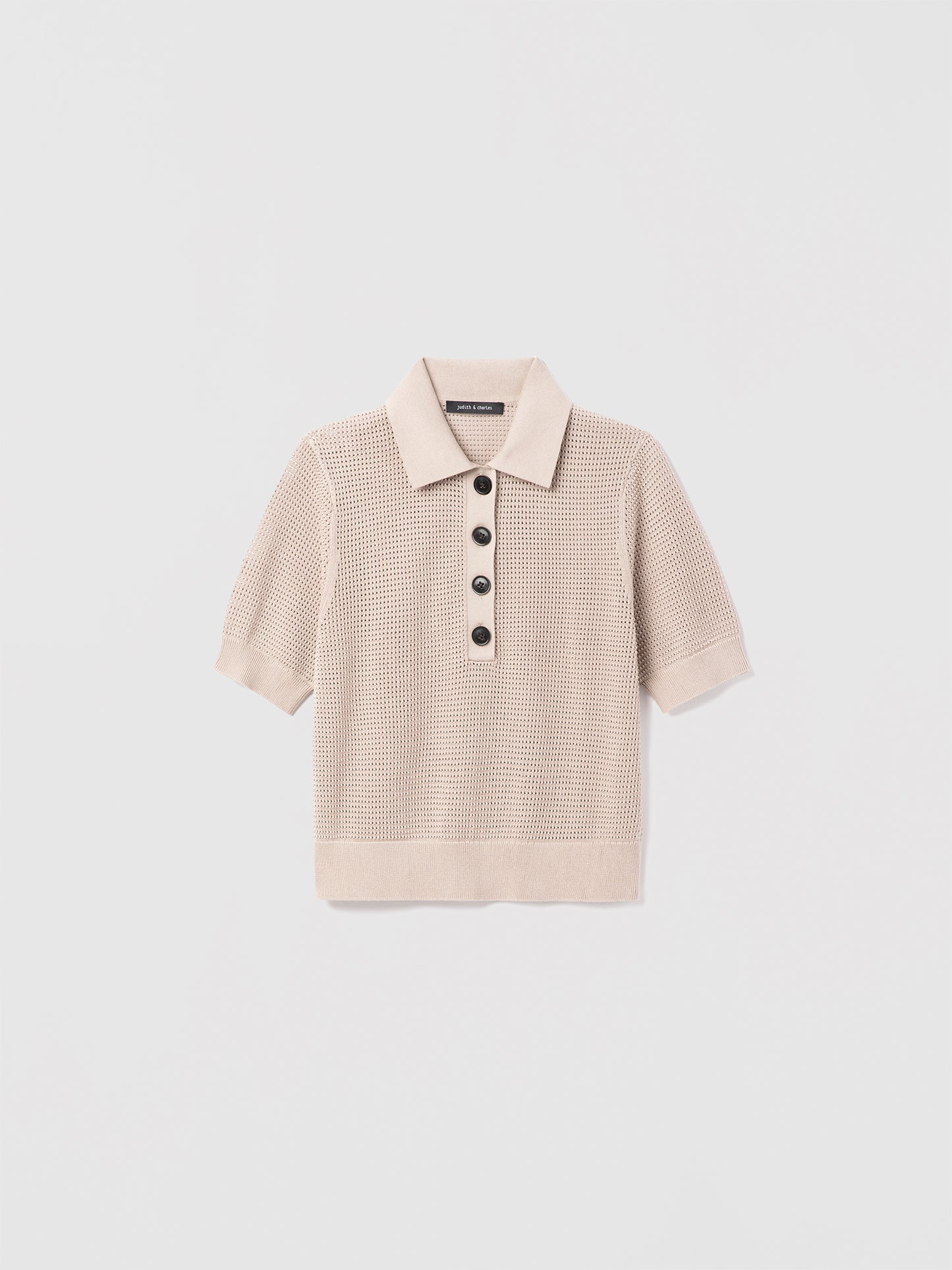 Judith and Charles Short Sleeve Polo in Sand Mesh Cotton with Easy Fit, 1/2 Placket Button Closure, True-to-Size, 100% Mercerized Cotton, Unlined, Made in Italy – 19” Back Length.