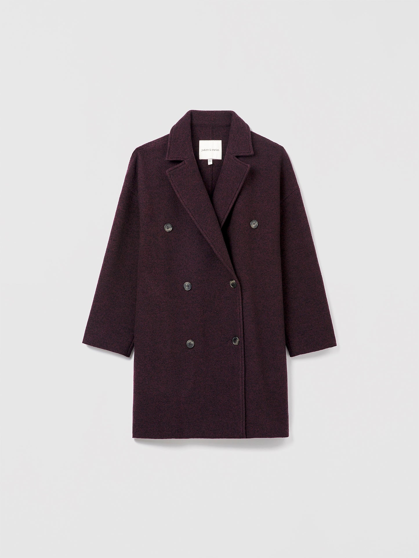 Judith & Charles dark cherry colored double-breasted boiled wool coat, made in Canada.