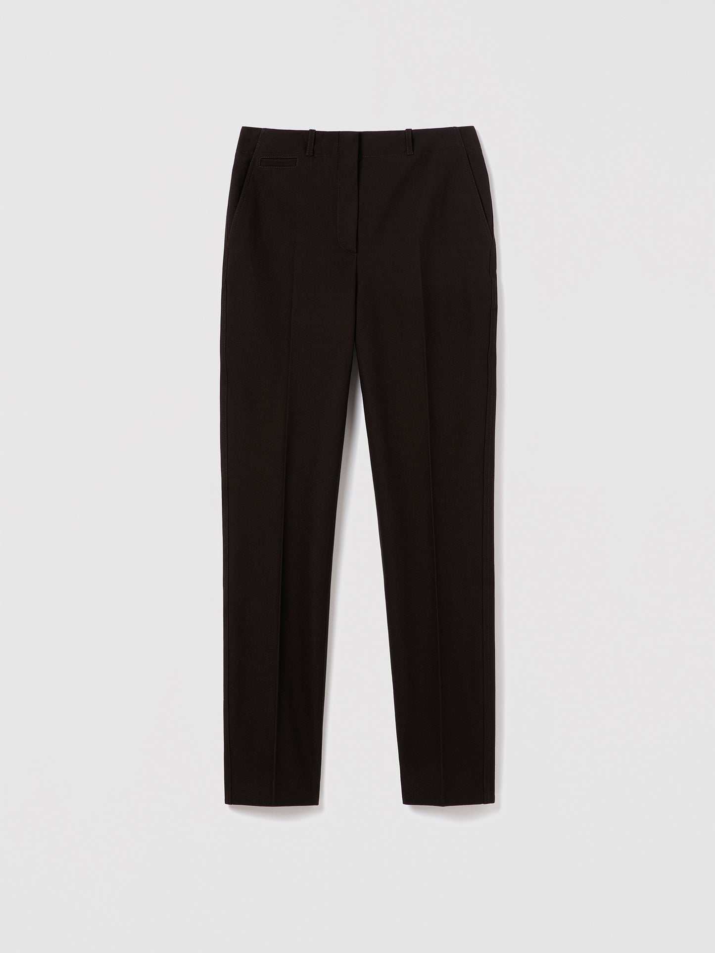 Judith & Charles chocolate slim ankle pant, mid-rise, fully lined in a viscose–cotton blend.