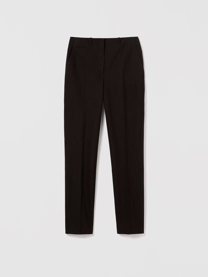 Judith & Charles chocolate slim ankle pant, mid-rise, fully lined in a viscose–cotton blend.