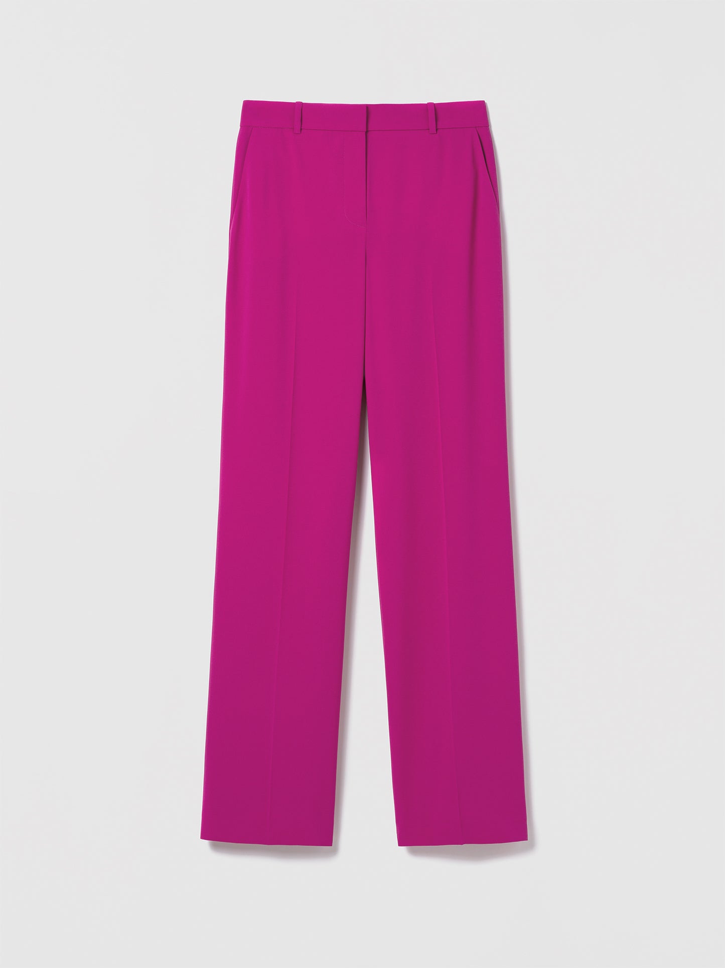 Judith & Charles Orchid full-length wide-leg pant in Satin Back Crepe with a mid-rise fit. Features slash pockets, back welt pockets, clean waistband, and hook-and-eye closure with zip. Unlined, 33-inch inseam. Made in Canada with Japanese fabric. Style: Parme Pant