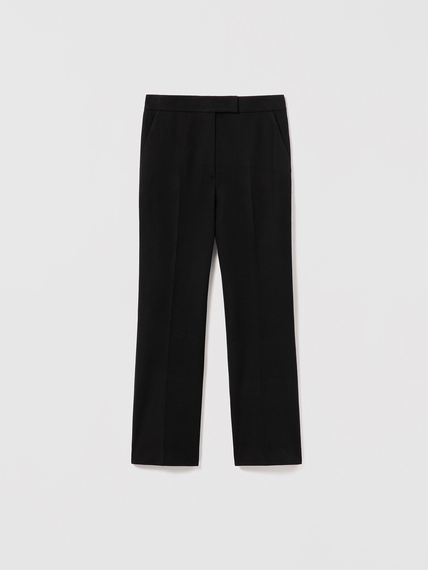 Judith & Charles Robin Pant in black — cropped kick-flare silhouette with front zip and hook-and-eye closure, scoop front pockets, back welt pockets, and belt loops. Unlined. Made in Portugal.