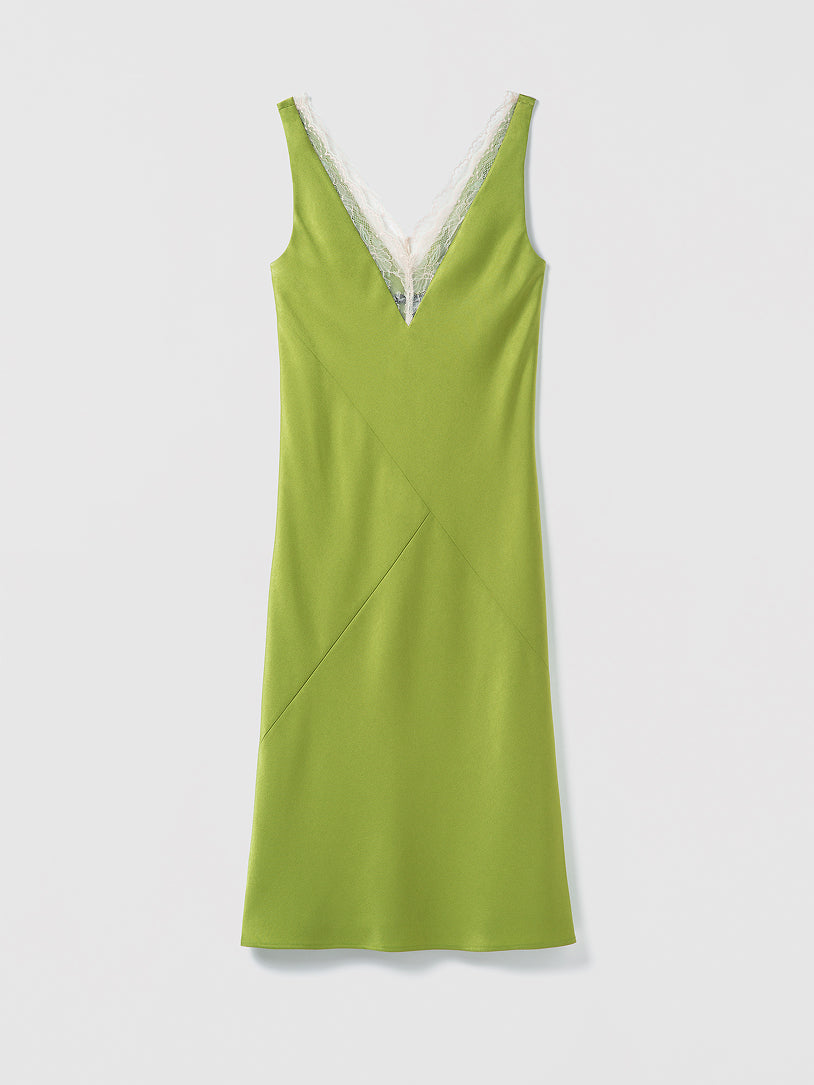 Moss green slip dress with lace v-neck detail on light grey background.