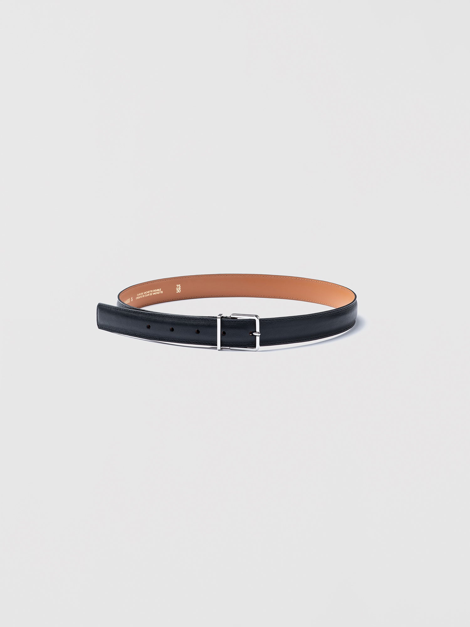 Maison Boinet black curved leather belt with silver brass buckle, smooth cowhide exterior, split leather lining, size measured to middle hole, style MB-S2501.