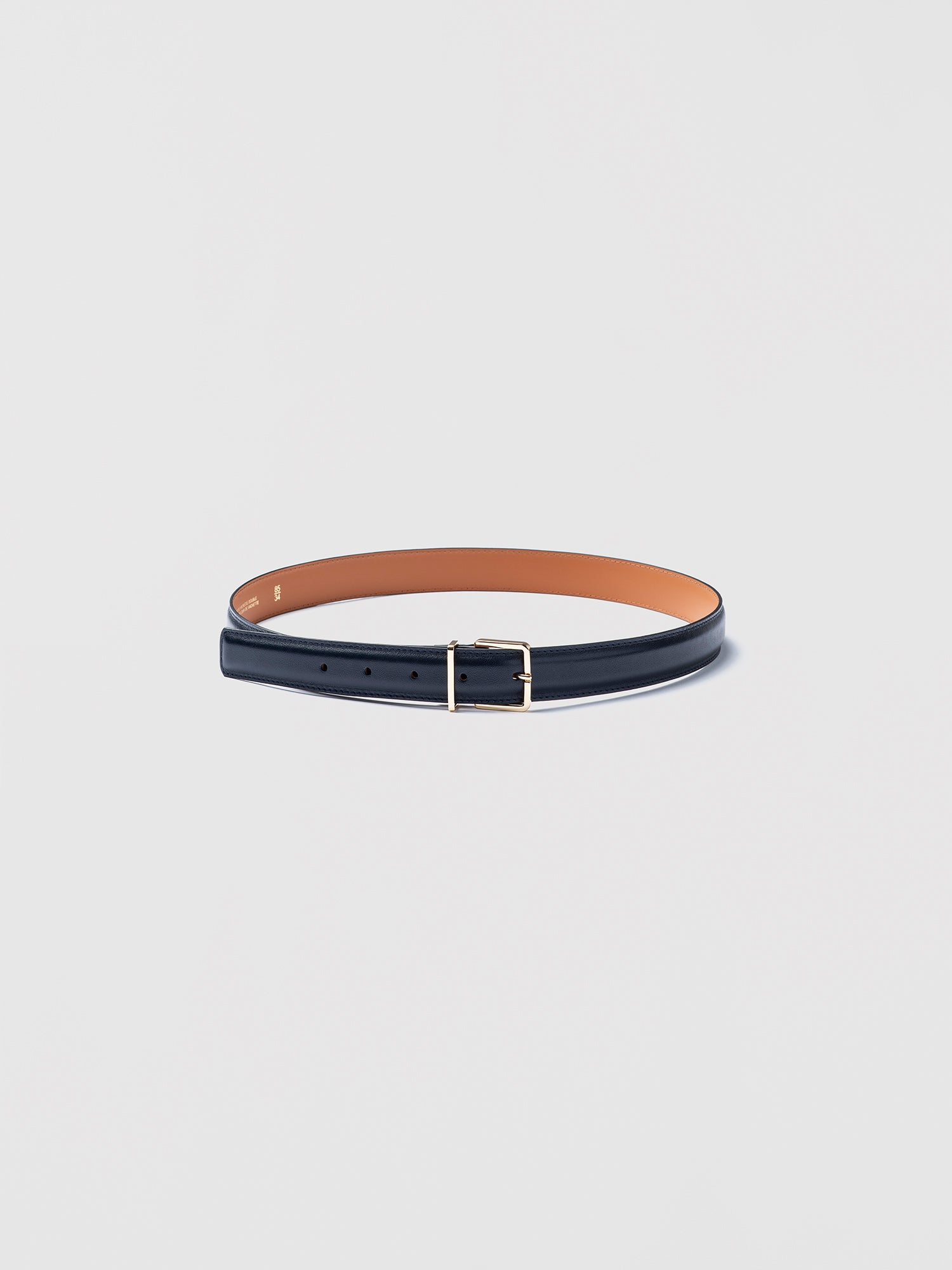 Maison Boinet navy curved leather belt with gold-tone silver brass buckle, smooth cowhide exterior, split leather lining, size measured to middle hole, style MB-S2501.