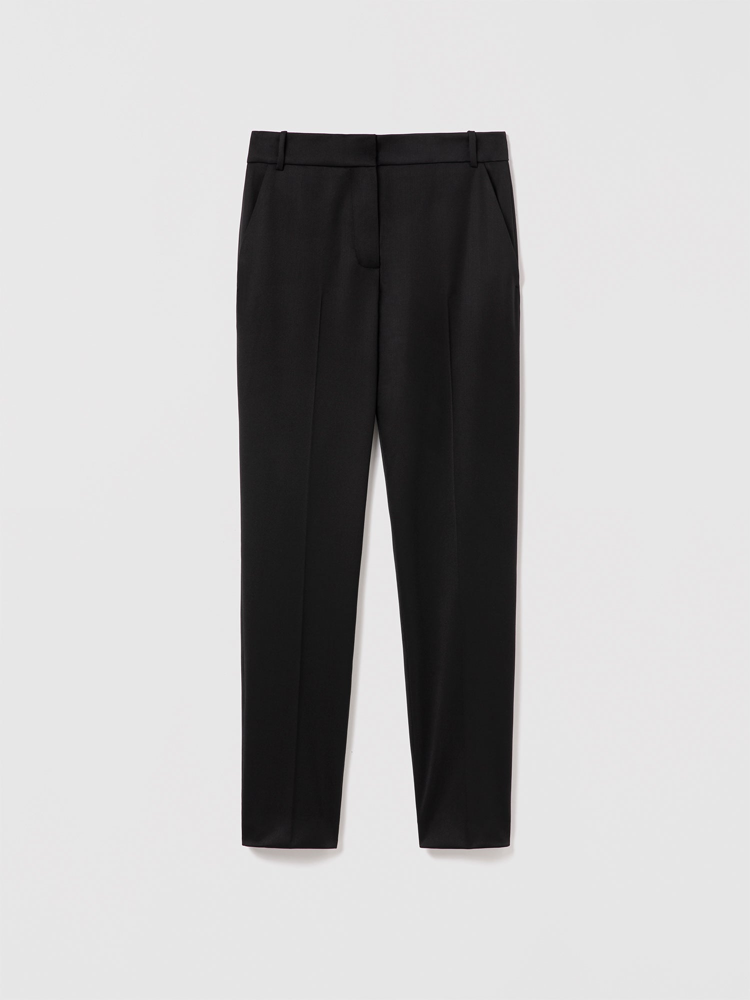 Black flat front tuxedo pants by Judith and Charles with slash pockets and belt loops