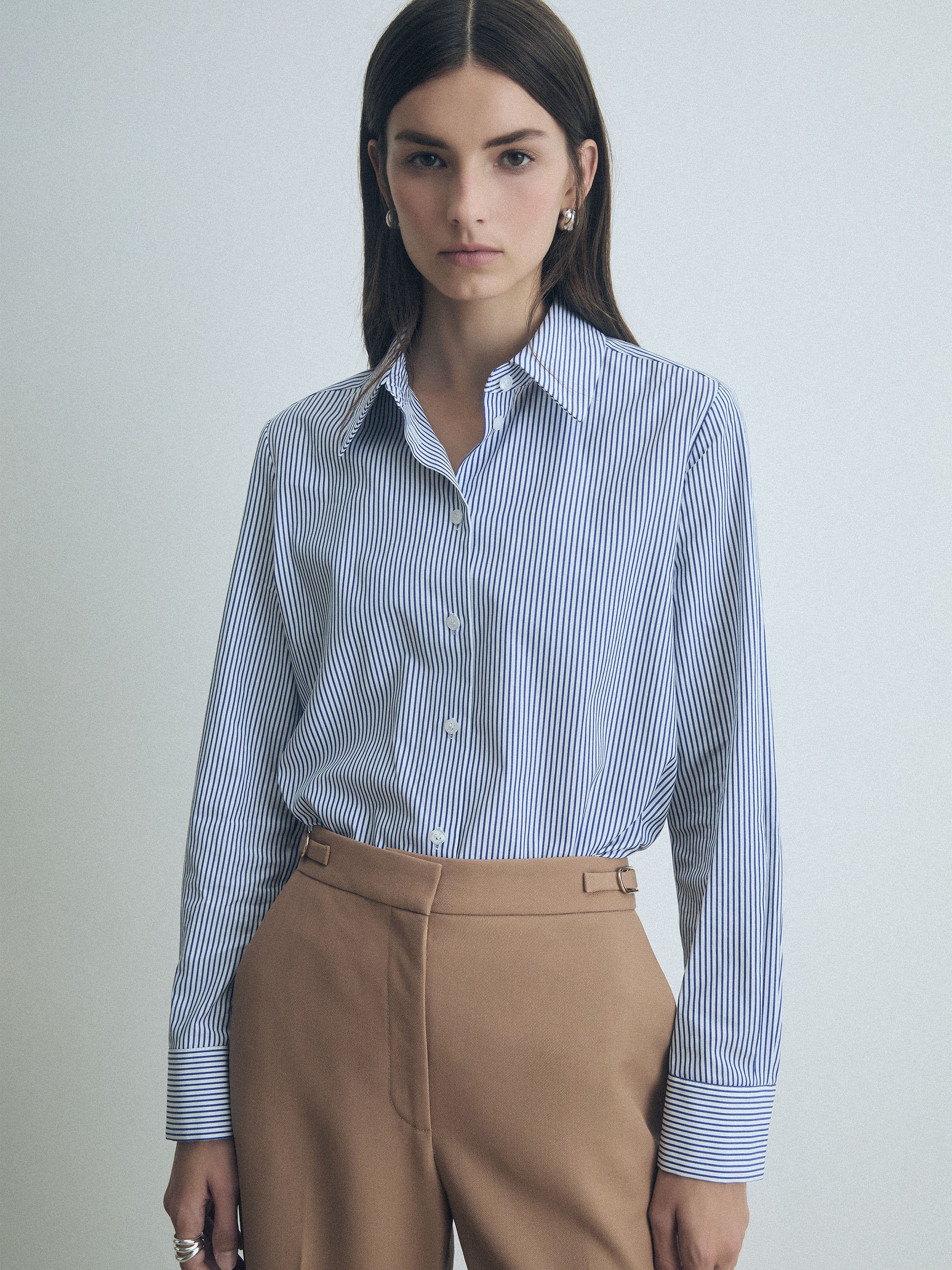 Judith & Charles blue striped long-sleeve cotton poplin shirt with spread collar and button closure, unlined and made in Canada.