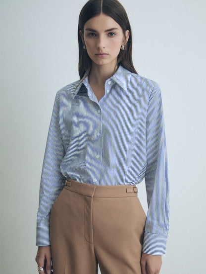 Judith & Charles blue striped long-sleeve cotton poplin shirt with spread collar and button closure, unlined and made in Canada.