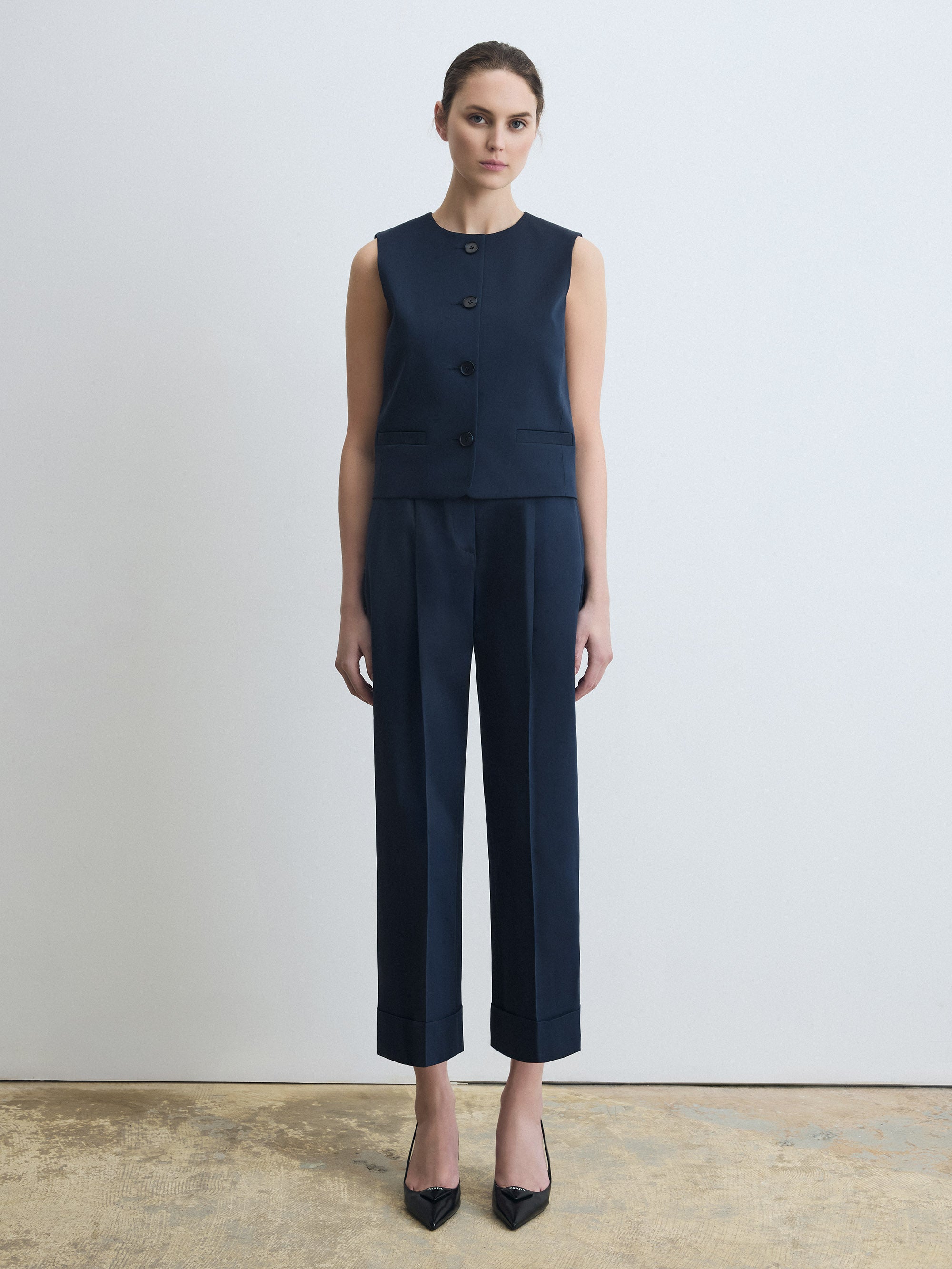 Model wearing navy pants