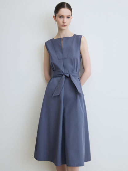 Poplin Sleeveless Trapeze Dress With Belt