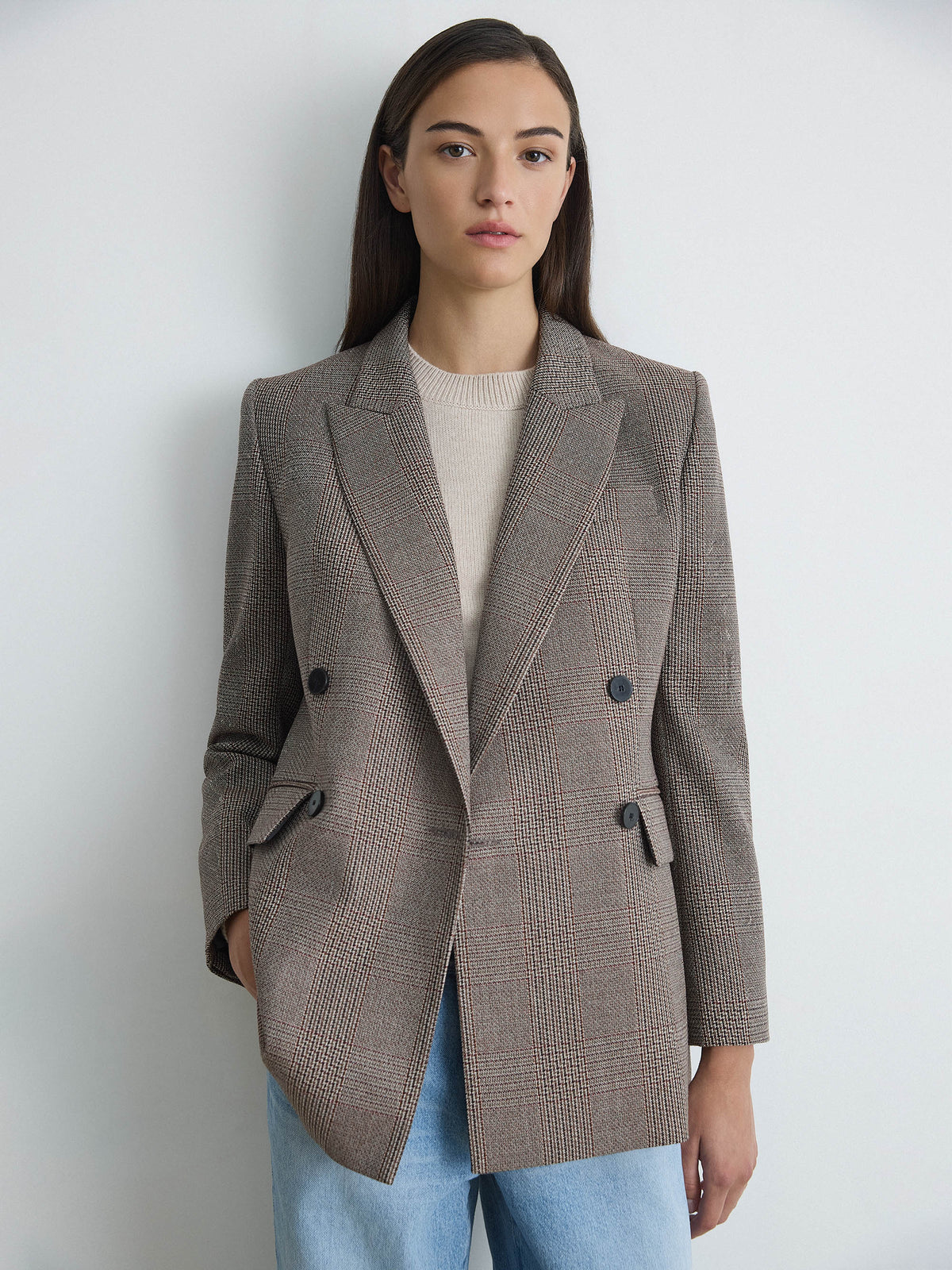 Veste En Laine À Carreaux À Double Boutonnage