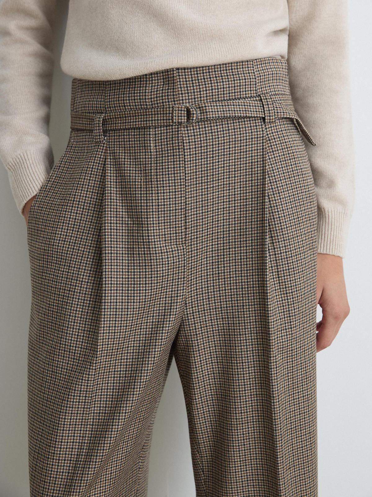 Pantalon Ceinturé À Mini Carreaux