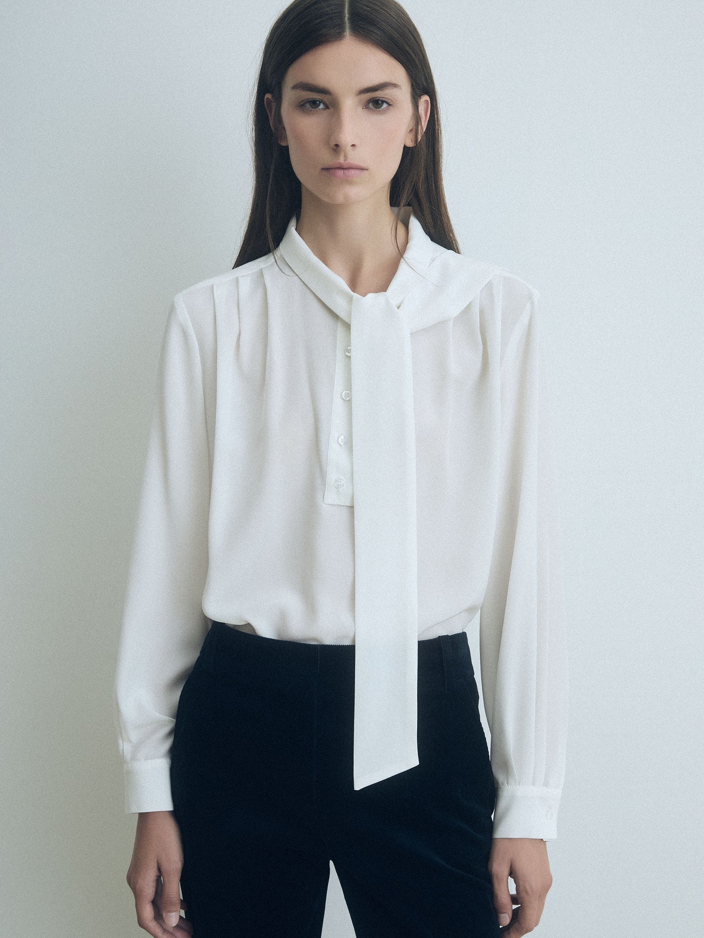 Silk Pleated Blouse With Neck Tie