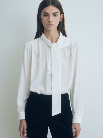 Silk Pleated Blouse With Neck Tie