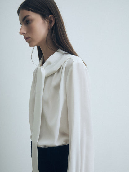 Silk Pleated Blouse With Neck Tie