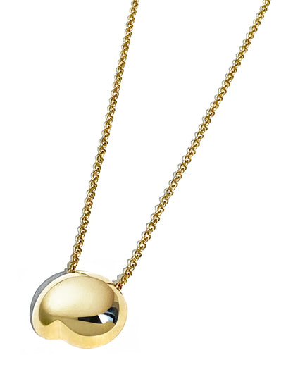 Judith and Charles x Biko gold organic pendant necklace with hand-cast, mirror-polished sculptural charm on 15.5" chain with 1" extension. Modern, feminine design with rhodium plating and hypoallergenic clasp. Pendant size 0.8" x 0.67", style BK-W2506, made in Toronto, Canada.