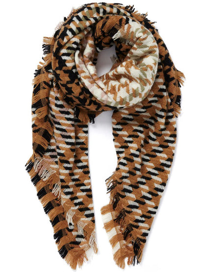 Plaid patterned scarf with fringes on a white background