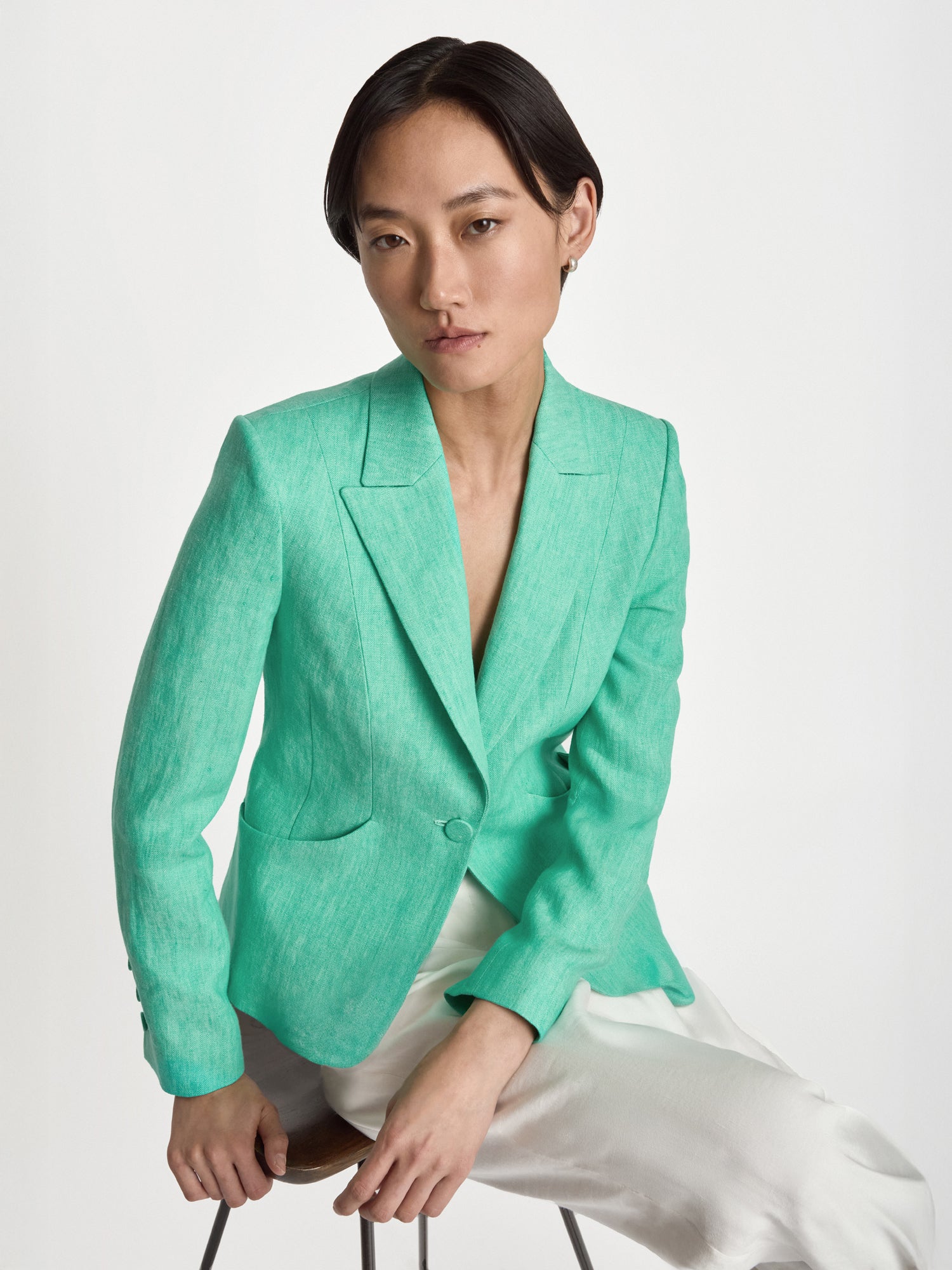 Judith and Charles Aken Jacket – Fitted Single Breasted Jacket in Washed Italian Linen with Notch Lapel, Front Pockets, 100% Linen with 100% Cotton Full Lining, Made in Portugal – 24” Back Length in color seafoam