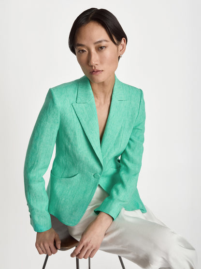 Judith and Charles Aken Jacket – Fitted Single Breasted Jacket in Washed Italian Linen with Notch Lapel, Front Pockets, 100% Linen with 100% Cotton Full Lining, Made in Portugal – 24” Back Length in color seafoam