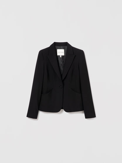 Black single-breasted wool jacket by Judith & Charles, fully lined with a tailored fit. Made from stretch virgin wool with a viscose lining.
