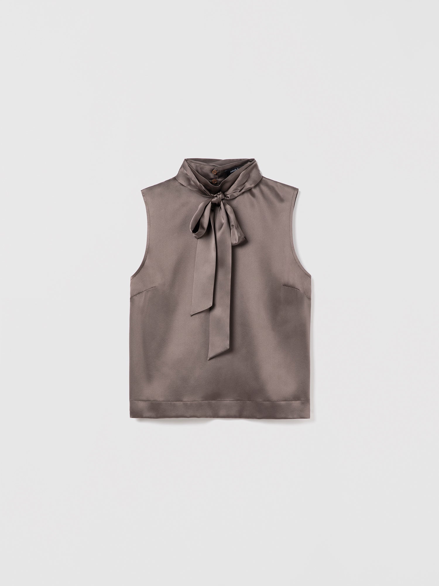 Judith and Charles taupe sleeveless Alta silk blouse with mock neck and back keyhole closure with tie, made from imported silk