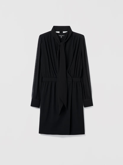 Long-sleeve wrap dress with V-neckline, gathered front and waist, silk-chiffon sleeves with cuffs, and removable neck tie