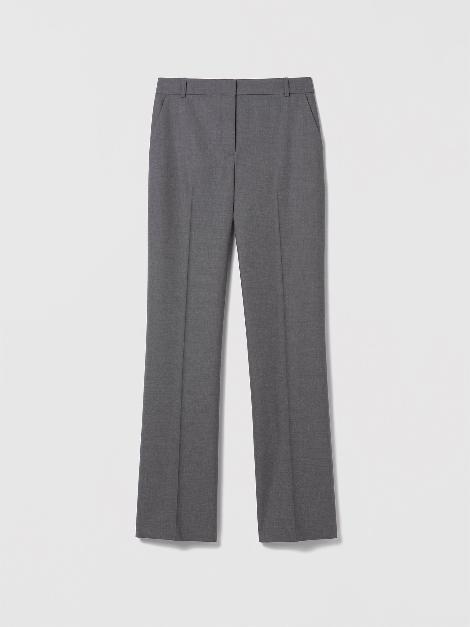 Grey melange straight full-length pants with mid-rise waist by Judith & Charles, crafted from superfine melange wool suiting by Loro Piana. Features slash pockets, hook and eye closure with zip, belt loops, and partial lining. Made in Canada. 