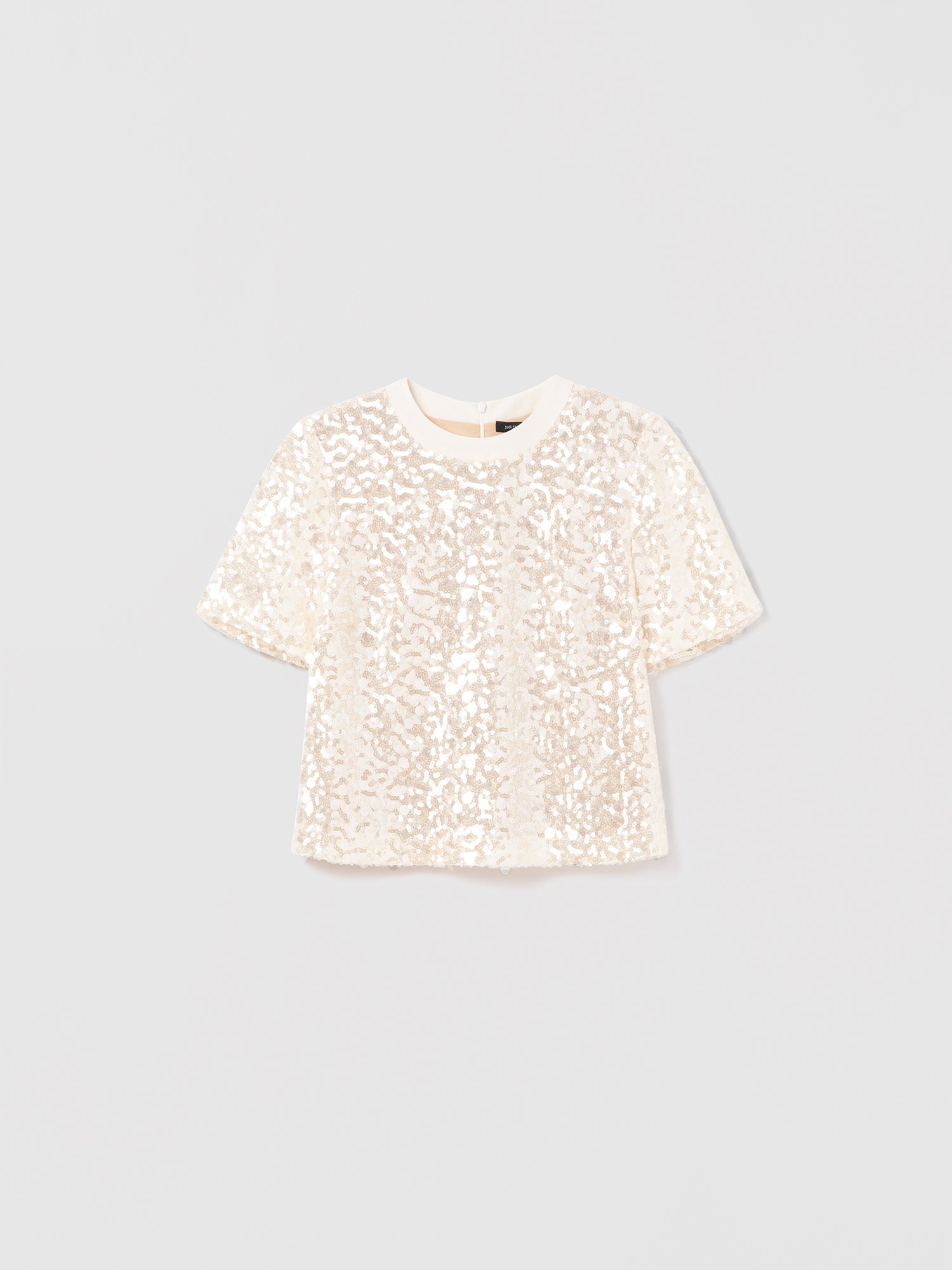 Oyster short sleeve crew neck top with modern sequins and matte satin trim at neck 