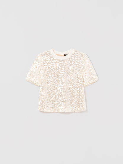 Oyster short sleeve crew neck top with modern sequins and matte satin trim at neck 