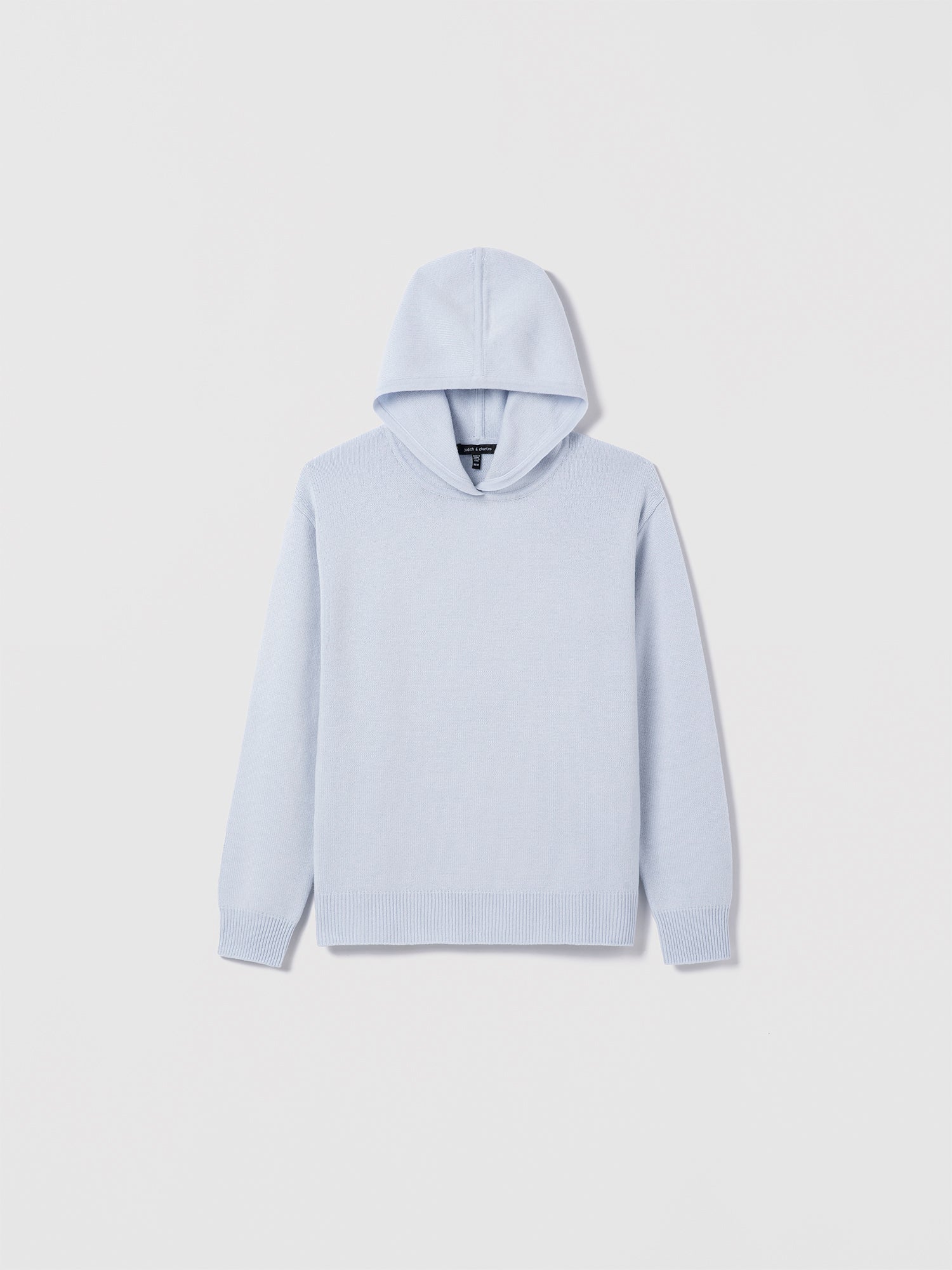Judith & Charles long-sleeve hooded sweater in sky blue Italian merino-cashmere, featuring a relaxed true-to-size fit.