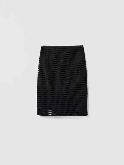 Black textured pencil skirt on a light gray background