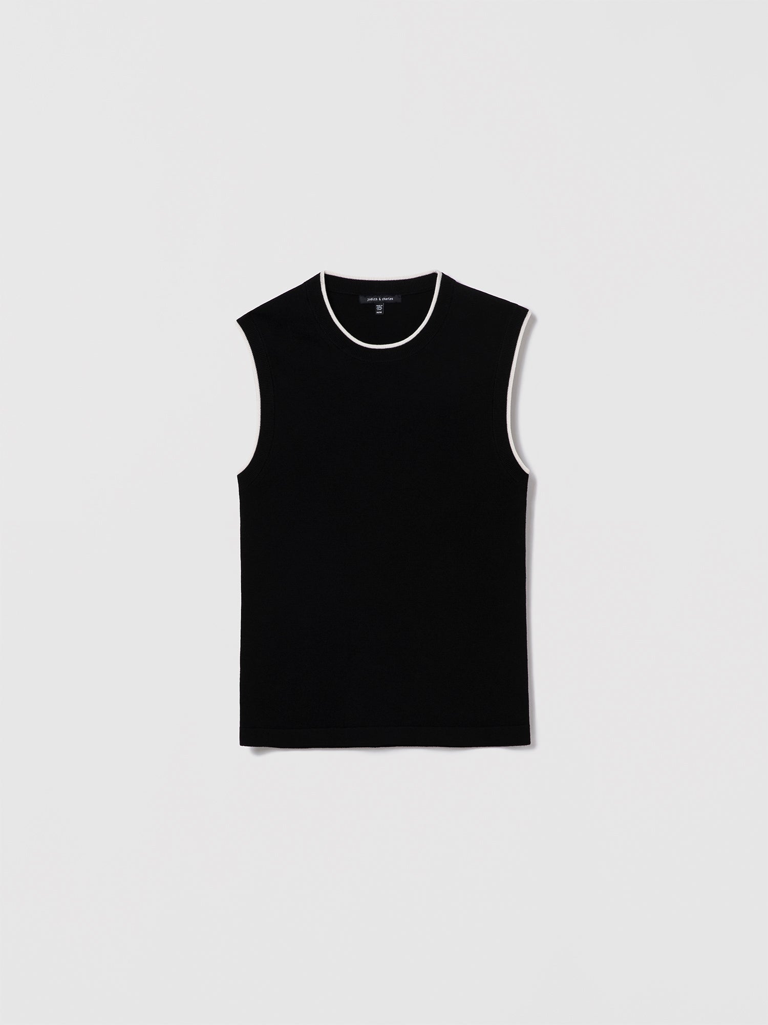 Black and Off White Crew Neck Shell With White Tipping by Judith & Charles. 