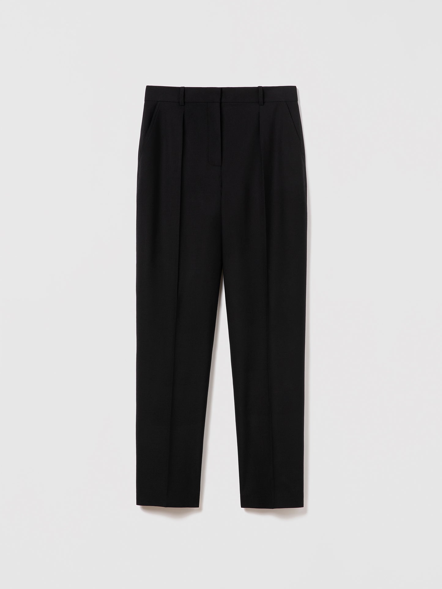 Judith and Charles straight-leg pleated wool pants in black with slash and back welt pockets, hook-and-eye closure, and belt loops