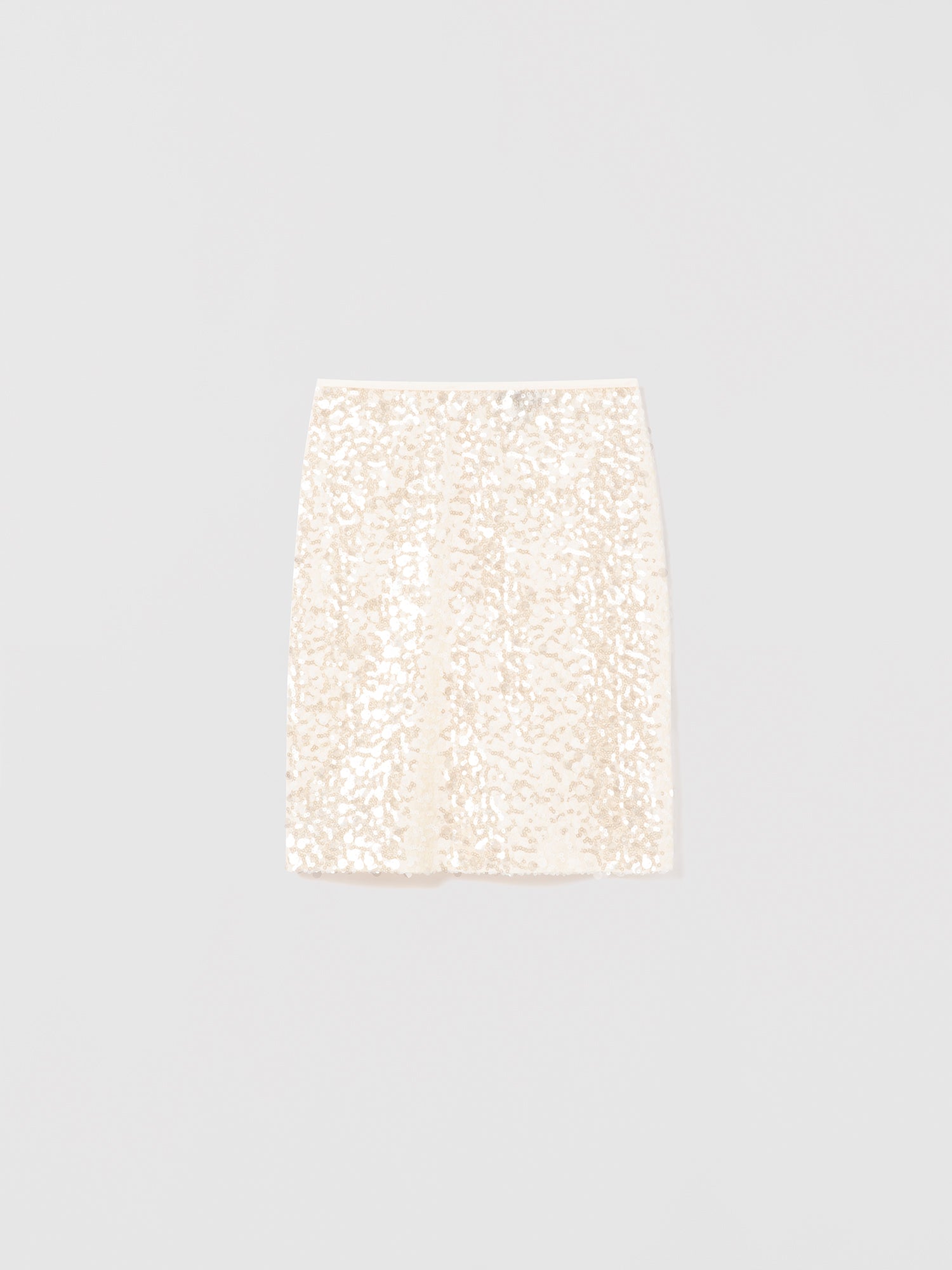 Oyster straight sequin skirt with clean waist and back slit, displayed flat, from Judith and Charles
