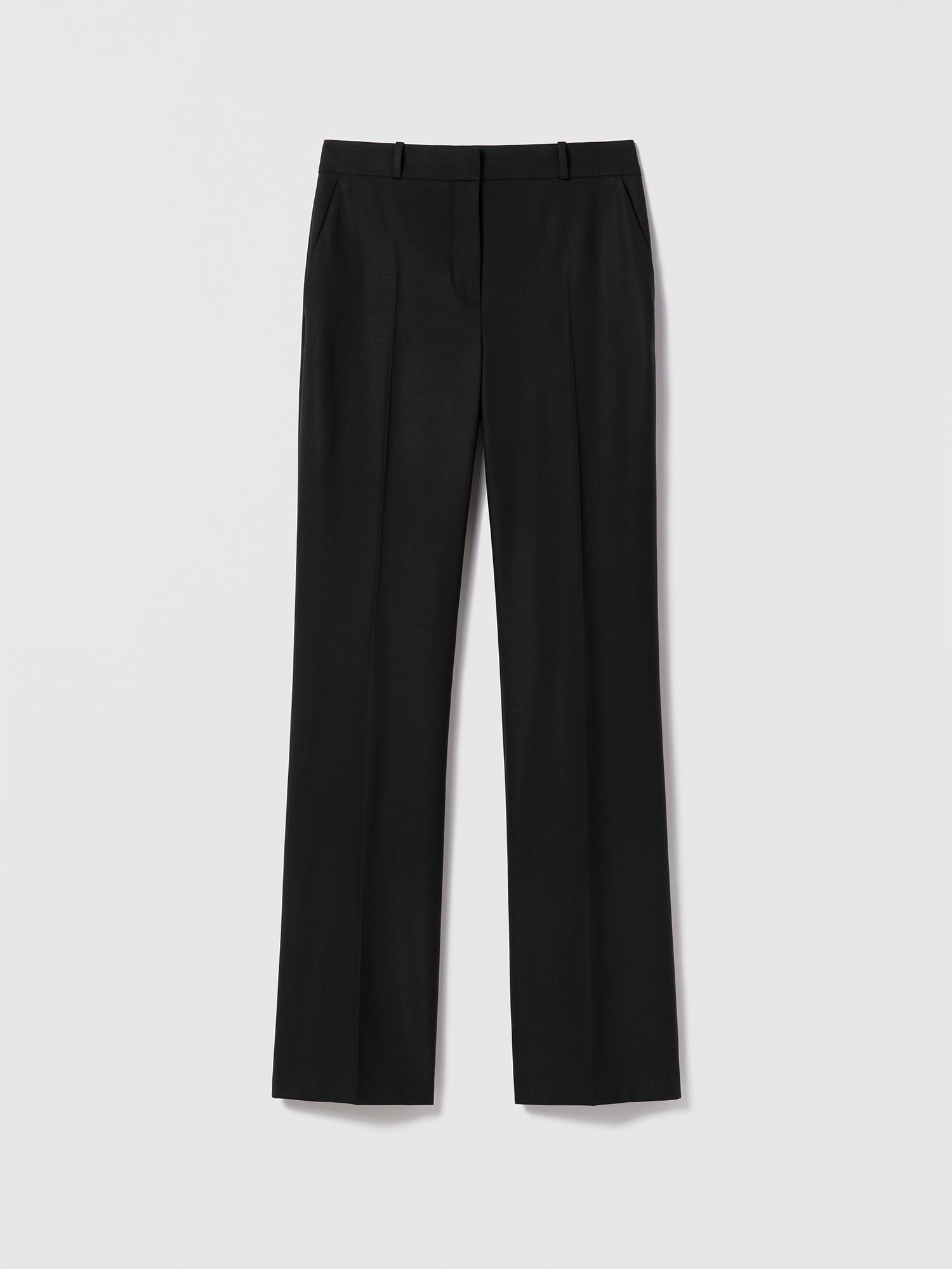 Black straight-leg wool-blend pants with slash pockets, back welt pockets, belt loops and a zip fly — Judith & Charles.