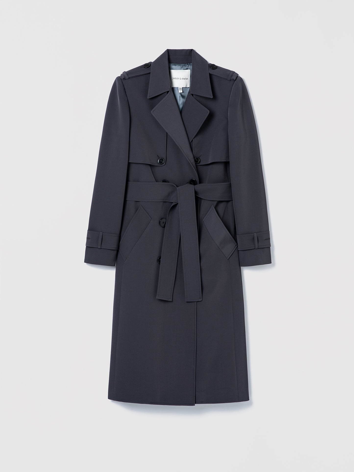 Dark gray trench coat on a light gray background