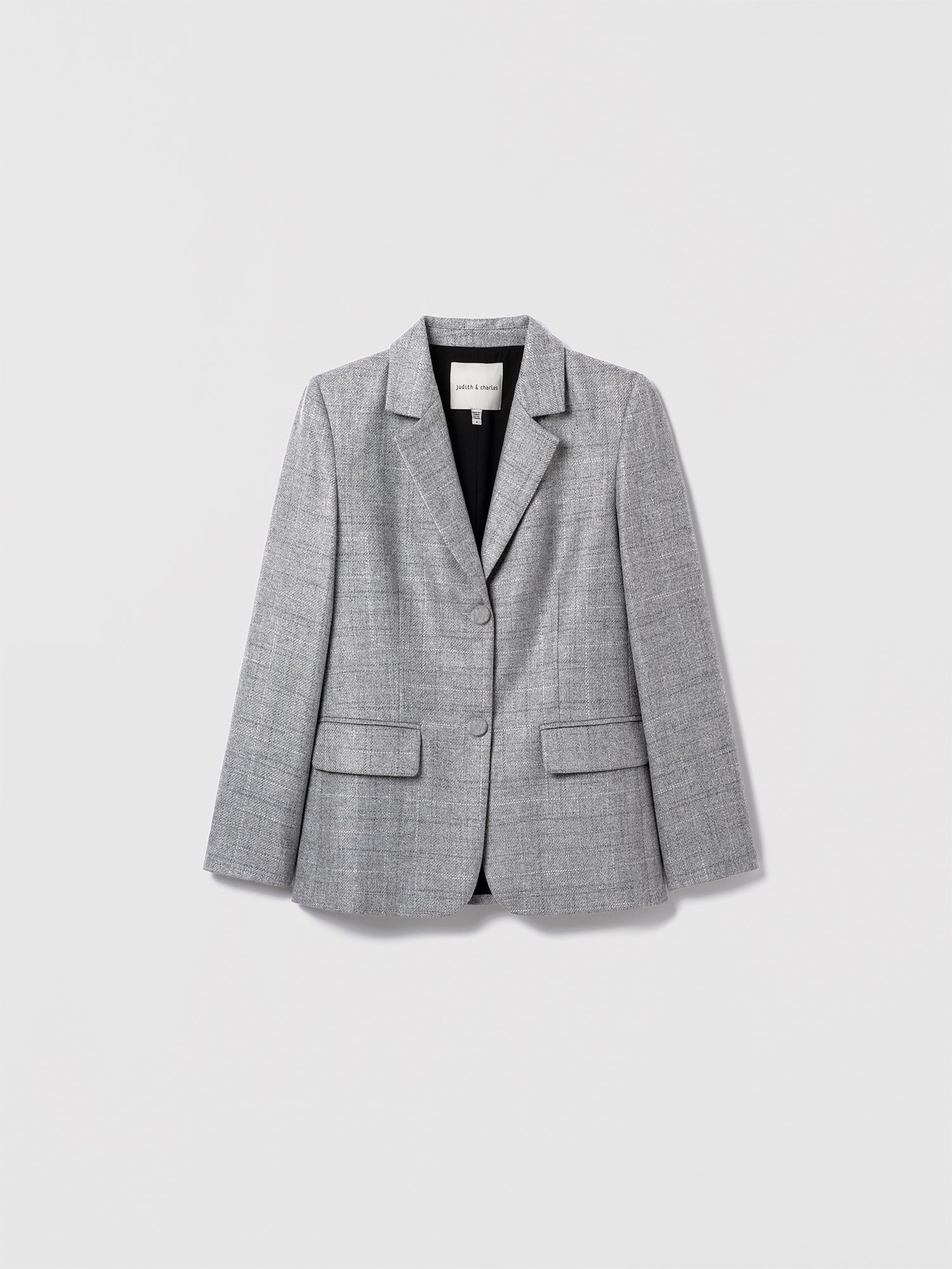 Judith & Charles gray checkered blazer on a light gray background