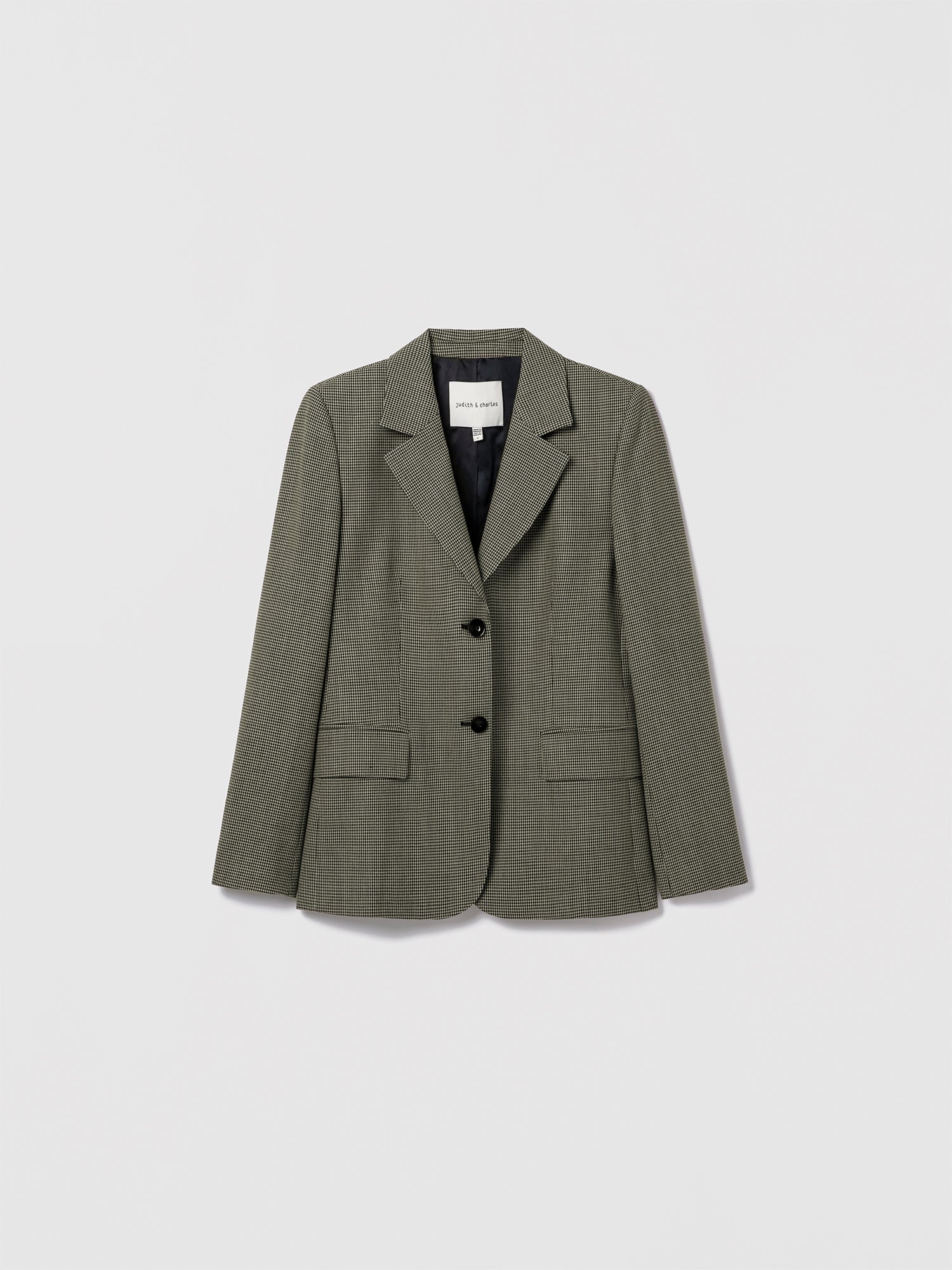 Black camel single-breasted Dax jacket in mini houndstooth by Judith and Charles, notch lapel, flap pockets, sleeve vent with 3 buttons, made in Portugal with Italian fabric