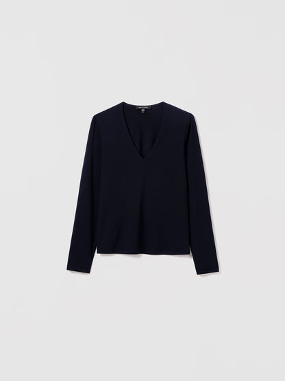 Judith & Charles navy V-neck long-sleeve T-shirt in fluid viscose jersey, fitted silhouette.