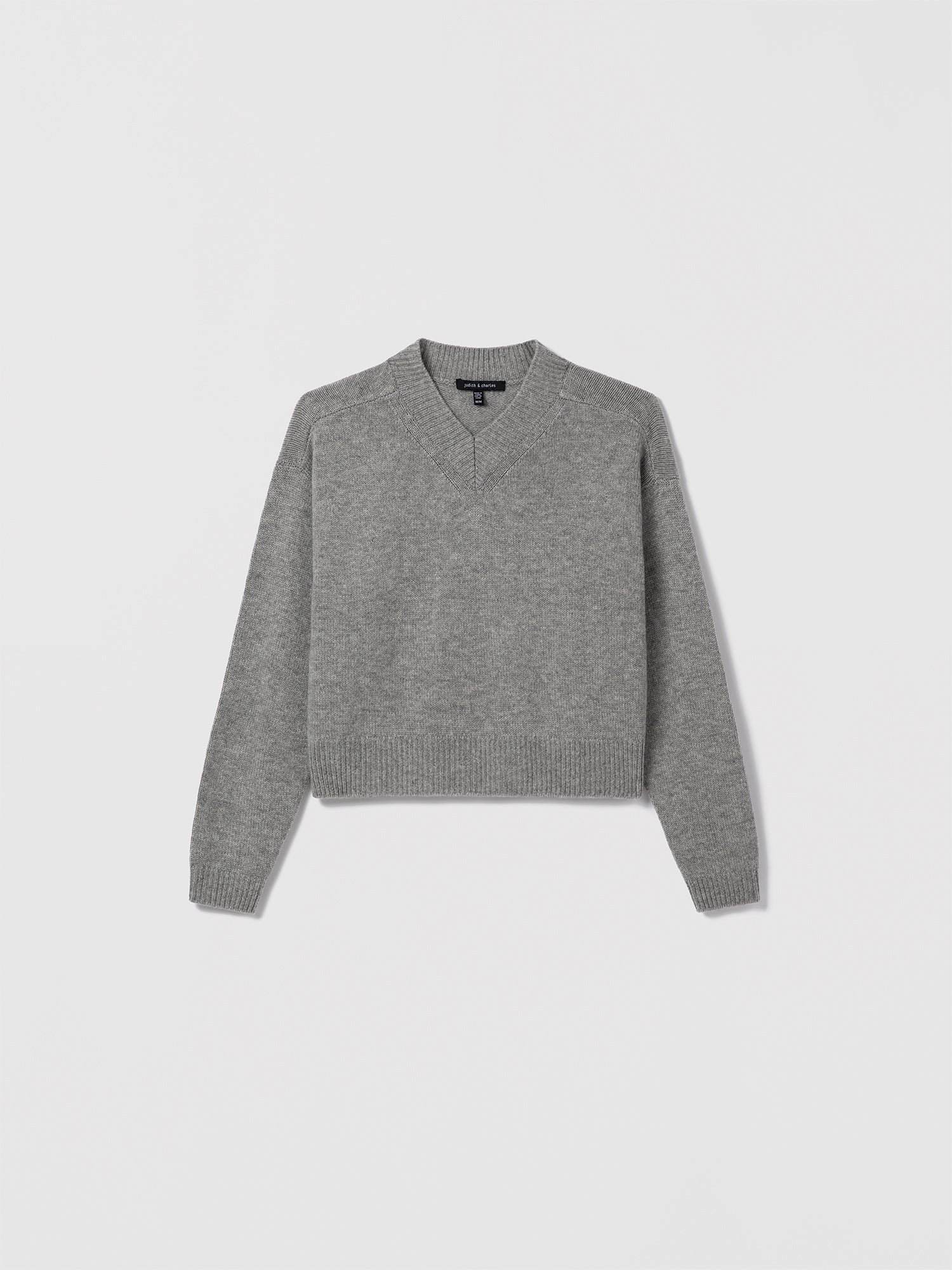 Light grey mélange wool-cashmere high V-neck sweater by Judith & Charles.
