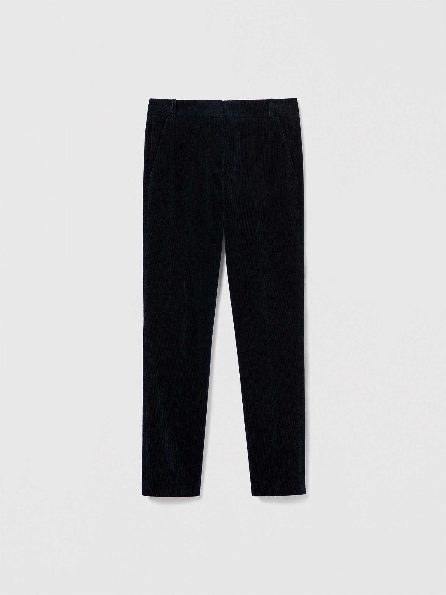 Navy colored slim pant in unlined cotton stretch corduroy fabric by Judith & Charles  