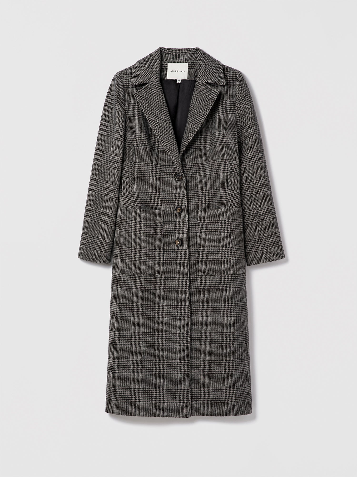 Grey Prince of Wales long coat by Judith & Charles in Loro Piana wool.