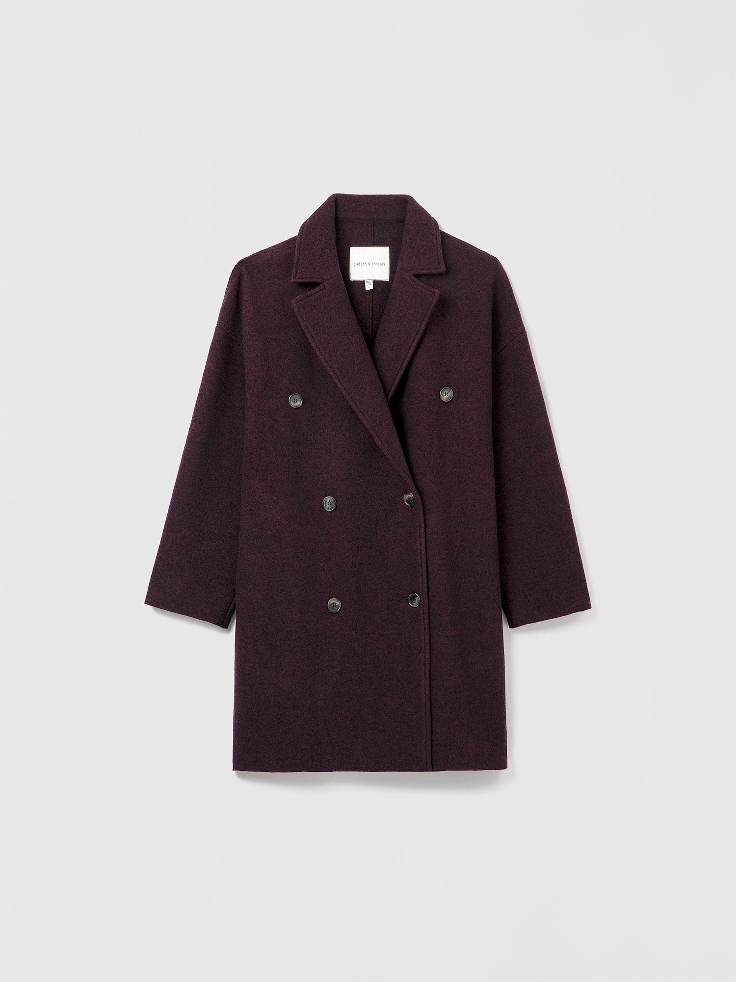 Judith & Charles dark cherry colored double-breasted boiled wool coat, made in Canada.