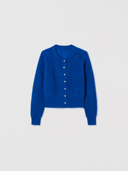 Bright blue Idina-b cardigan by Judith and Charles in mohair knit with crew neckline and embellished front button closure, made from Italian fabric