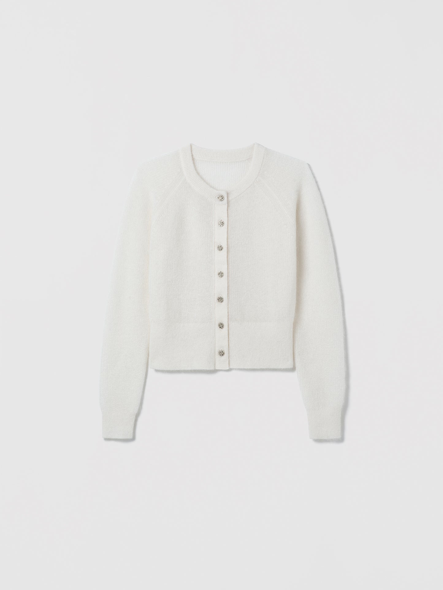 Off White Idina-b cardigan by Judith and Charles in mohair knit with crew neckline and embellished front button closure, made from Italian fabric