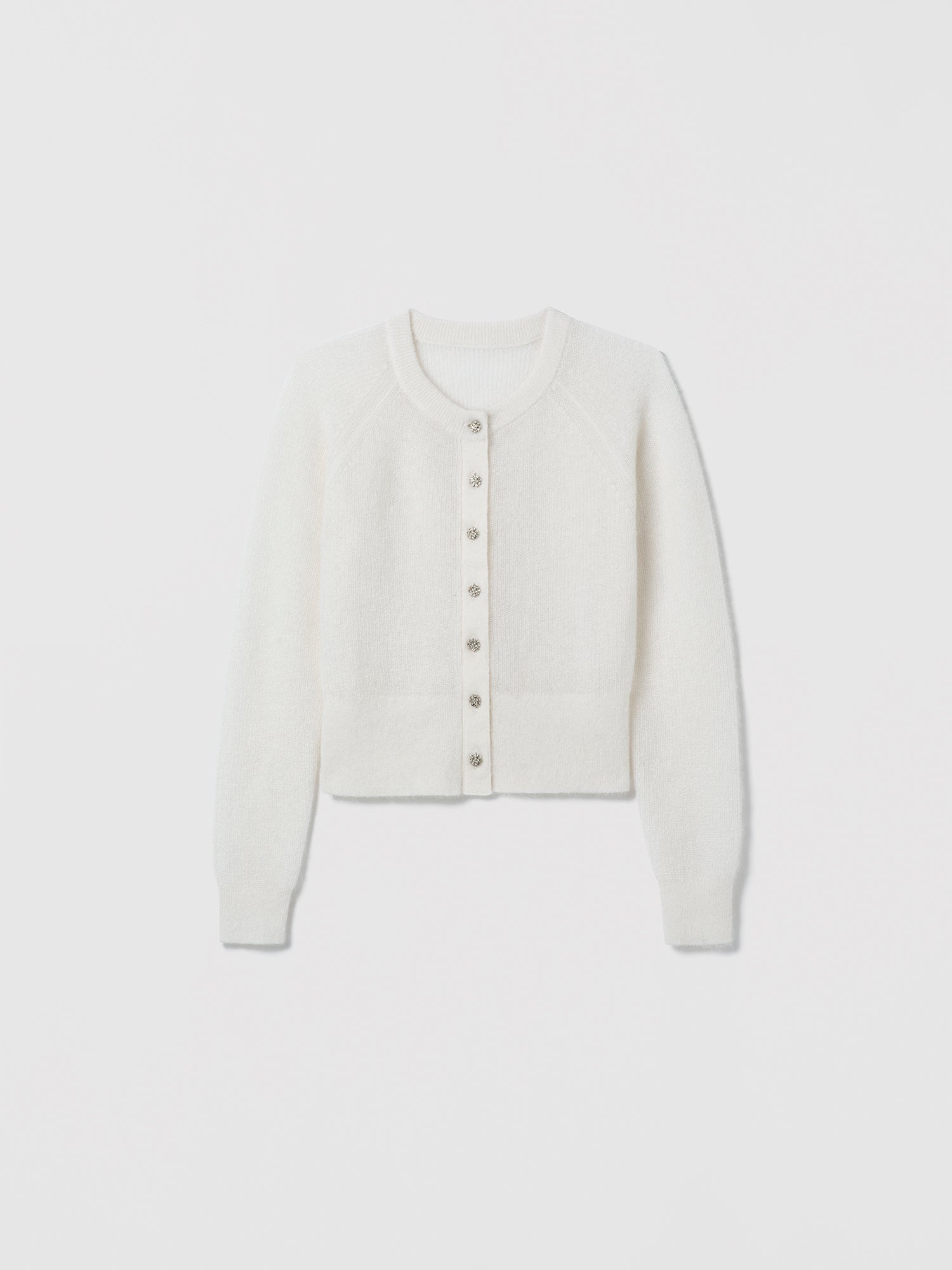 Off White Idina-b cardigan by Judith and Charles in mohair knit with crew neckline and embellished front button closure, made from Italian fabric
