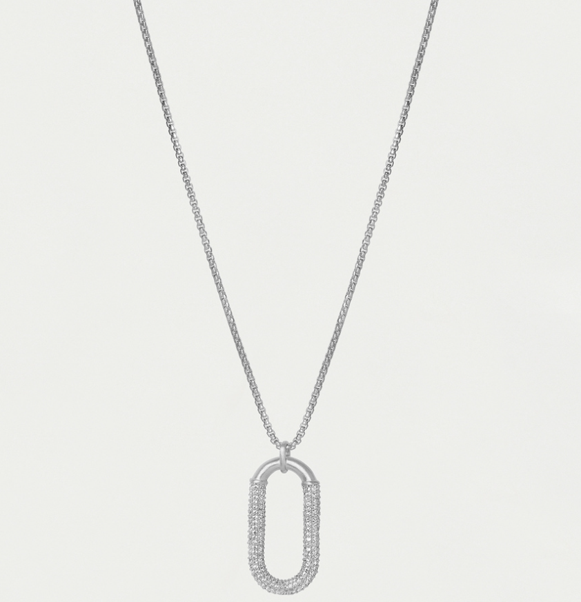 Silver necklace with a unique pendant on a light gray background