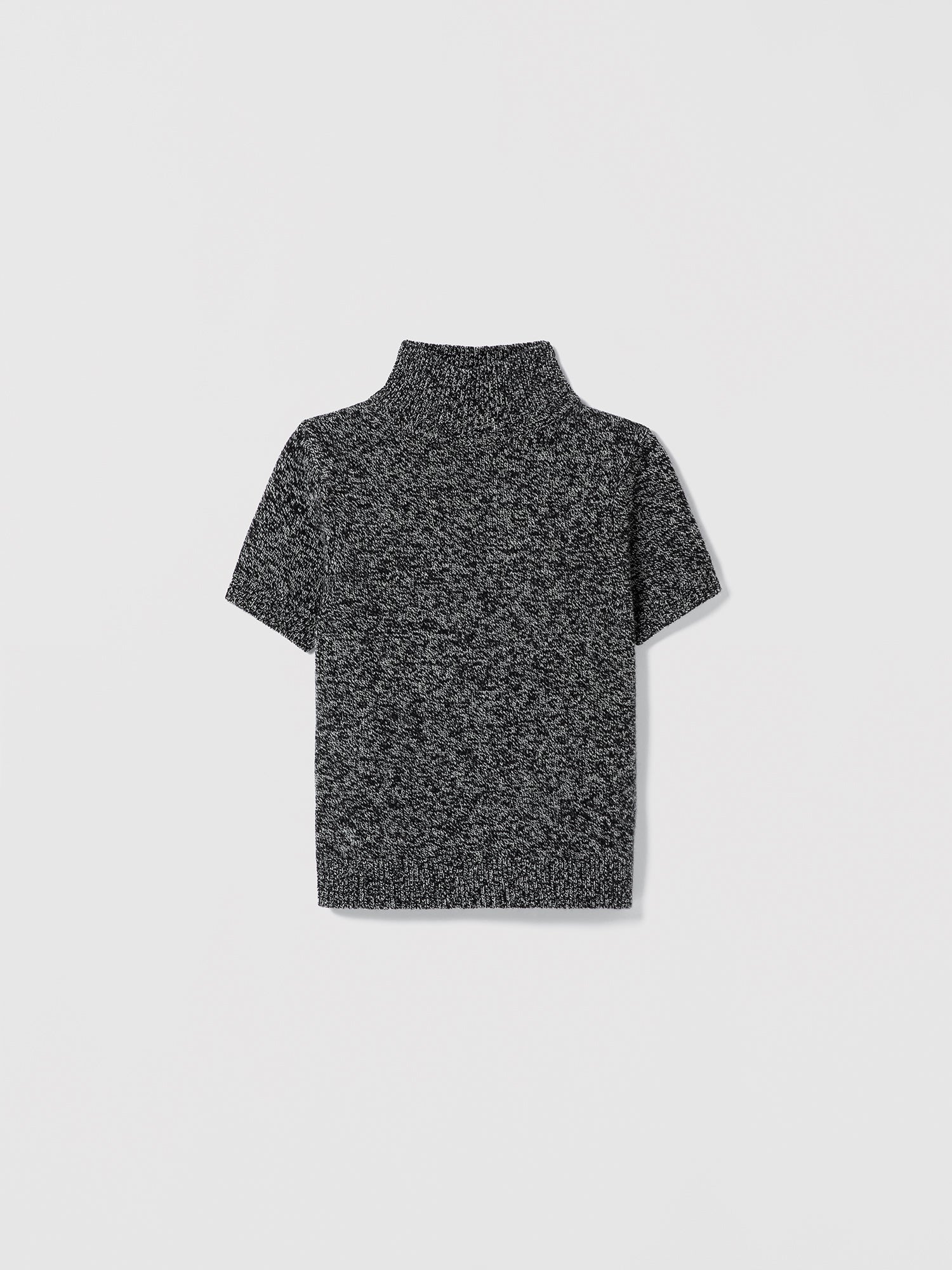 Fitted short sleeve mock neck sweater in extrafine Italian wool, color Black/Off White by Judith and Charles, style code 249-4160"